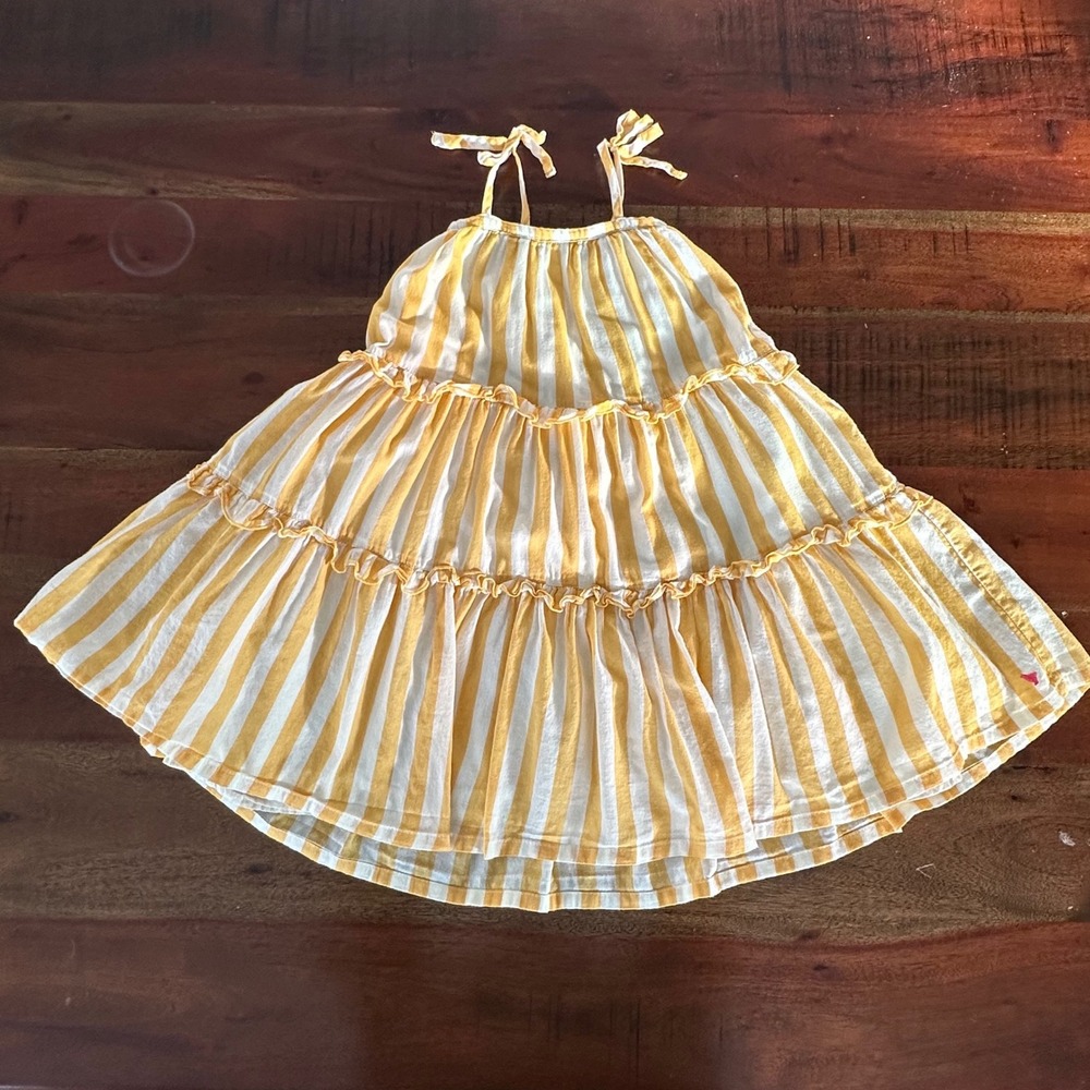 Pink Chicken Tiered Sundress Girls 4Y Yellow White Striped Ruffle Tie Strap - Picture 3 of 12
